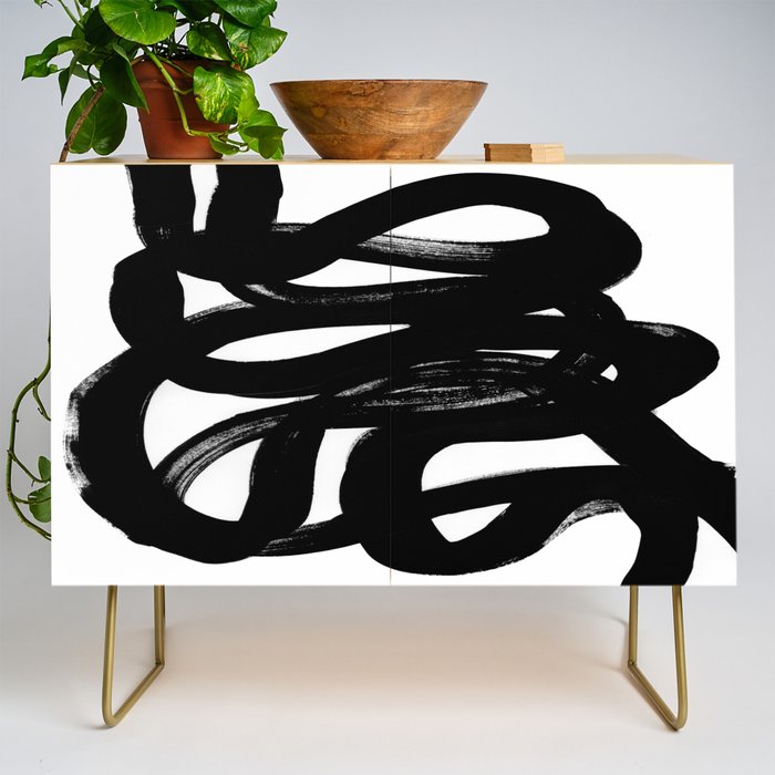 Swirl Black & White Minimalist Abstract Mid century Ink Art Dark Brush Strokes Credenza Gallery Image 1