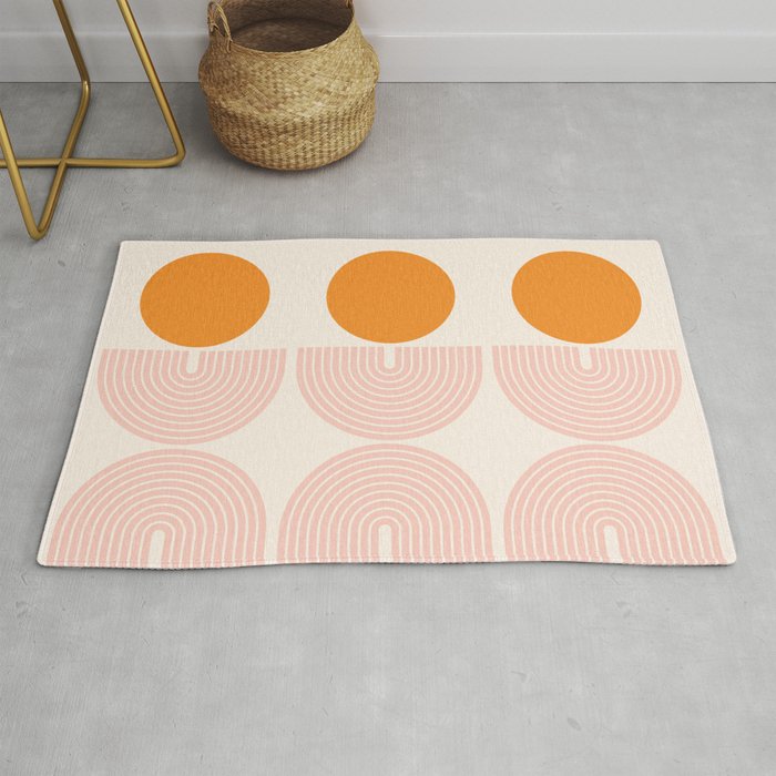 Mid Century Modern Geometric 43 in Coral Orange (Rainbow and Sun Abstraction) Rug Gallery Image 1