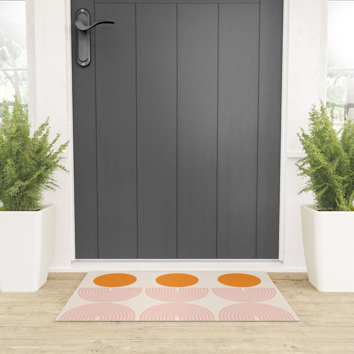 Mid Century Modern Geometric 43 in Coral Orange (Rainbow and Sun Abstraction) Welcome Mat Gallery Image 3