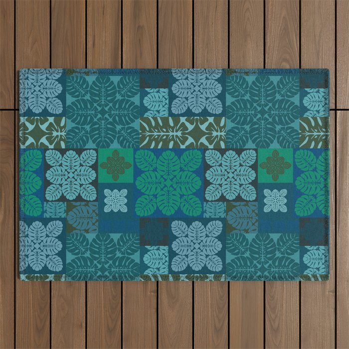 Hawaiian Monstera Quilt pattern Blues Outdoor Rug Gallery Image 1