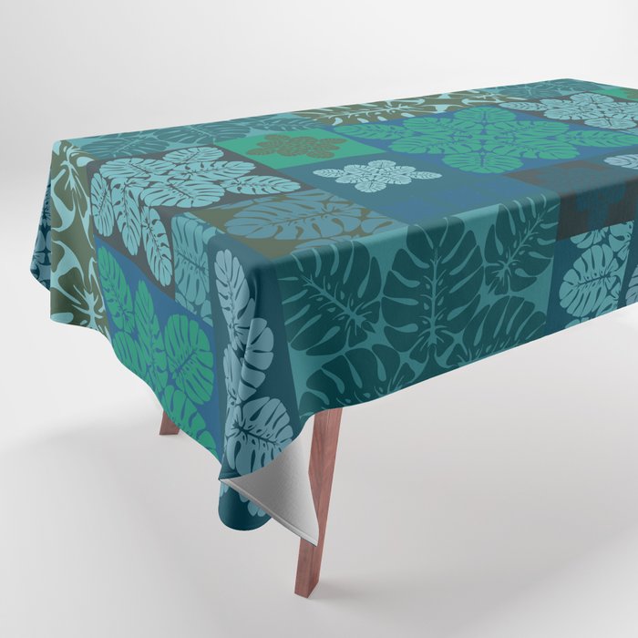 Hawaiian Monstera Quilt pattern Blues Tablecloth Gallery Image 1