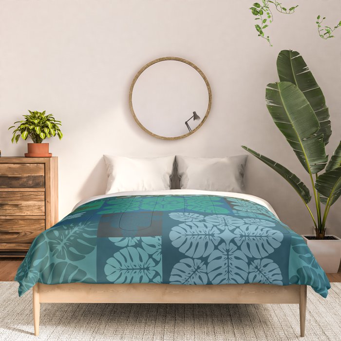 Hawaiian Monstera Quilt pattern Blues Comforter Gallery Image 3