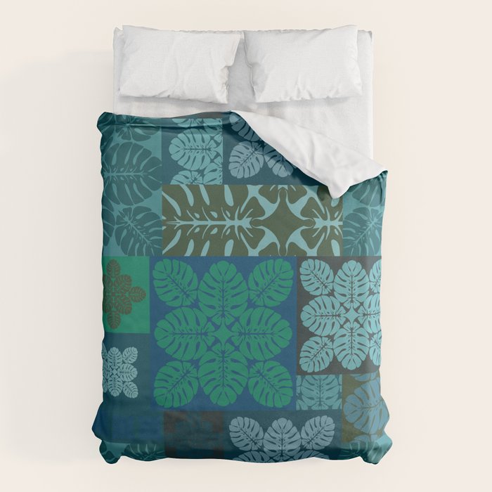 Hawaiian Monstera Quilt pattern Blues Duvet Cover Gallery Image 1