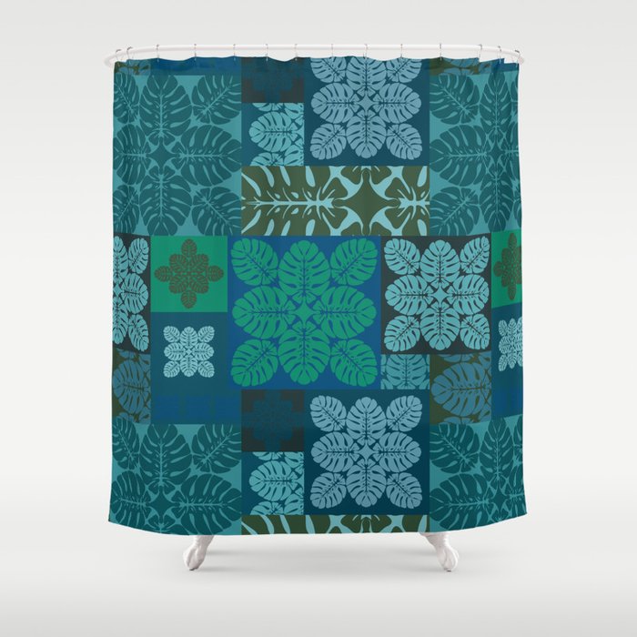 Hawaiian Monstera Quilt pattern Blues Shower Curtain Gallery Image 1