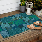Hawaiian Monstera Quilt pattern Blues Outdoor Rug Gallery Image 2