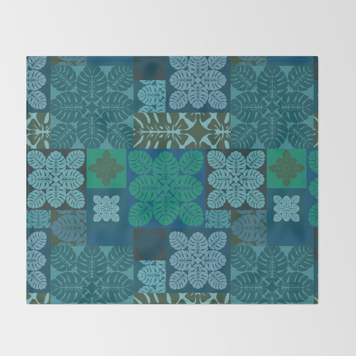 Hawaiian Monstera Quilt pattern Blues Throw Blanket Gallery Image 2