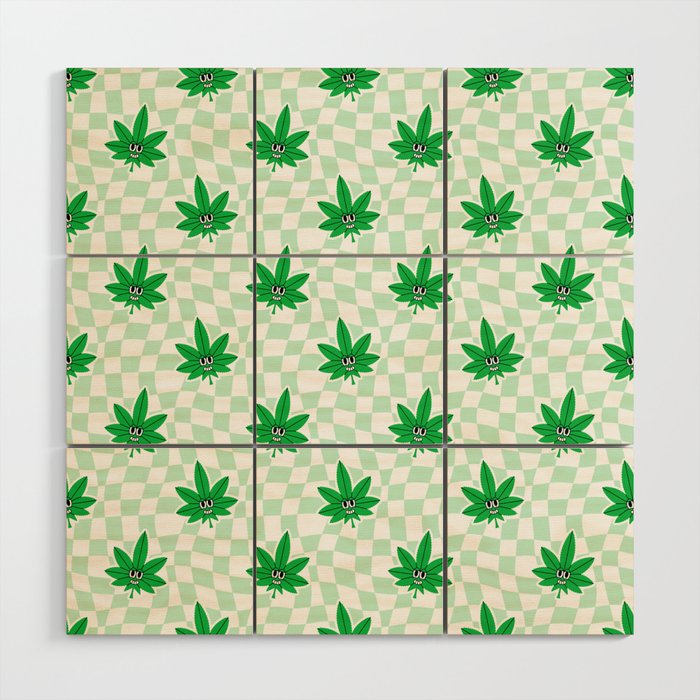 Funny retro weed leaf cartoon sticker pattern Wood Wall Art Gallery Image 1