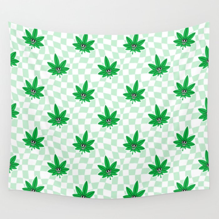 Funny retro weed leaf cartoon sticker pattern Wall Tapestry Gallery Image 1