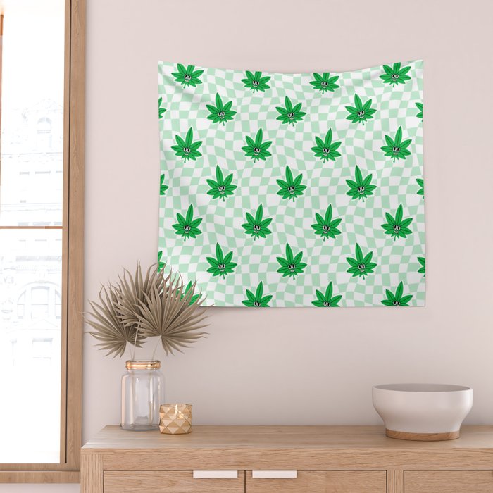 Funny retro weed leaf cartoon sticker pattern Wall Tapestry Gallery Image 2