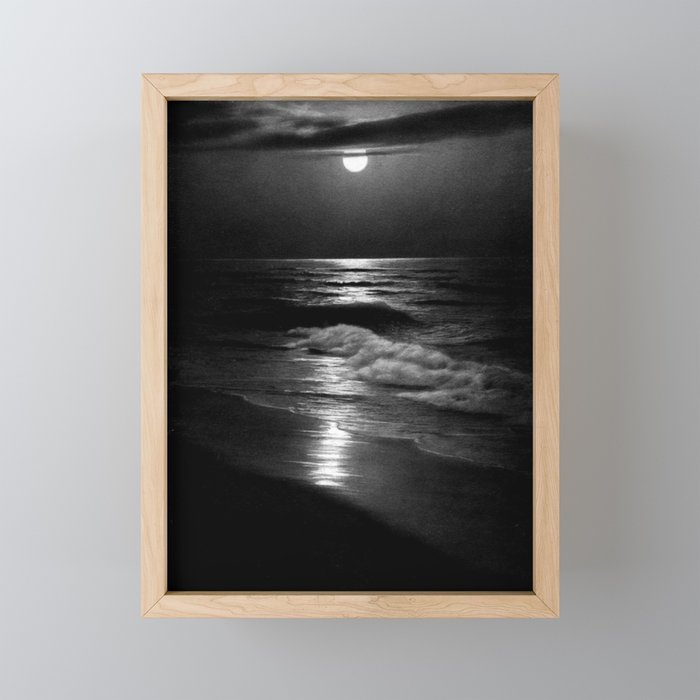 The summer sea moonlit coastal beach and waves with full moon black and white seascape photograph / photography by Rudolf Eickemeyer Jr. Mini Art Print Gallery Image 1