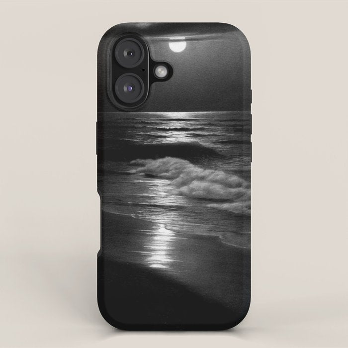 The summer sea moonlit coastal beach and waves with full moon black and white seascape photograph / photography by Rudolf Eickemeyer Jr. iPhone Case