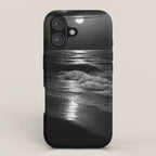 The summer sea moonlit coastal beach and waves with full moon black and white seascape photograph / photography by Rudolf Eickemeyer Jr. iPhone Case Gallery Image 1