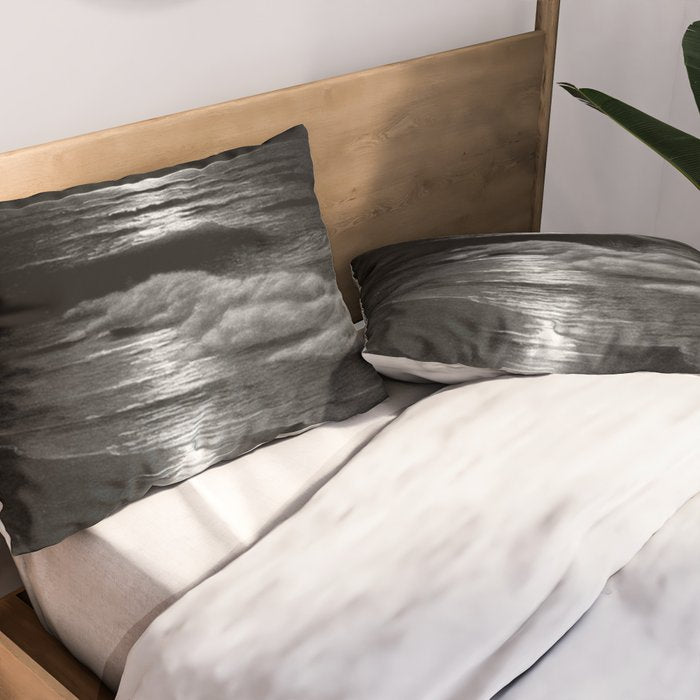 The summer sea moonlit coastal beach and waves with full moon black and white seascape photograph / photography by Rudolf Eickemeyer Jr. Pillow Sham Gallery Image 2