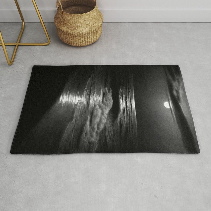 The summer sea moonlit coastal beach and waves with full moon black and white seascape photograph / photography by Rudolf Eickemeyer Jr. Rug Gallery Image 1