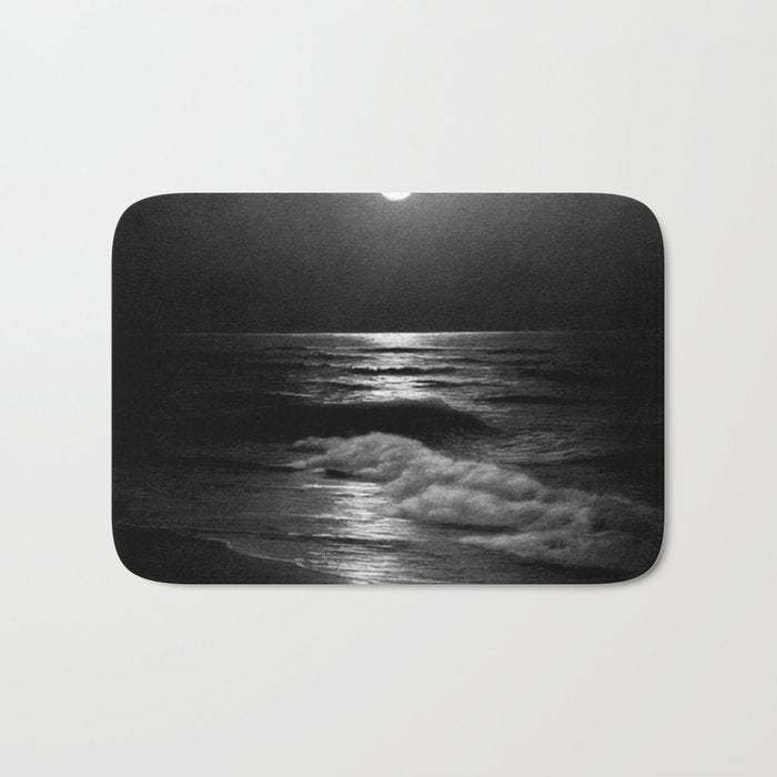 The summer sea moonlit coastal beach and waves with full moon black and white seascape photograph / photography by Rudolf Eickemeyer Jr. Bath Mat Gallery Image 1