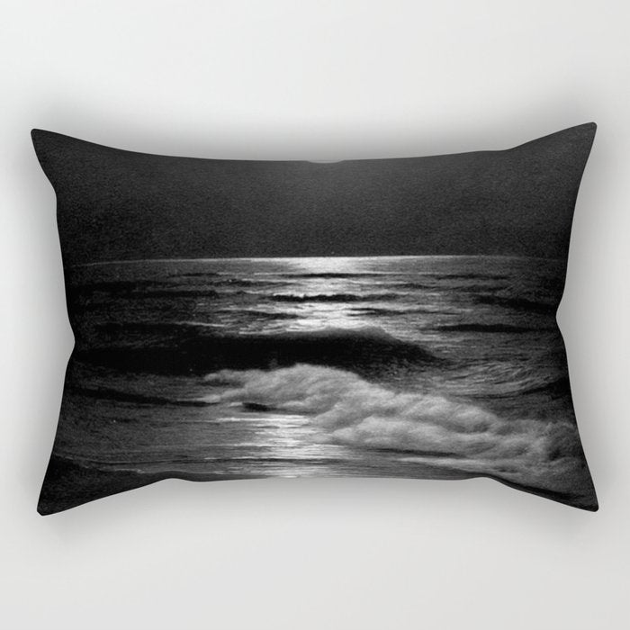 The summer sea moonlit coastal beach and waves with full moon black and white seascape photograph / photography by Rudolf Eickemeyer Jr. Rectangular Pillow Gallery Image 1