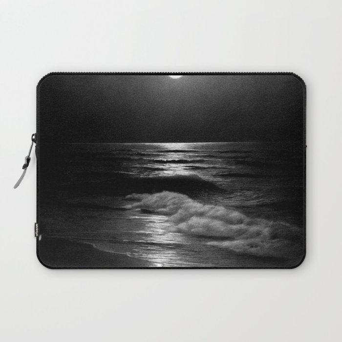 The summer sea moonlit coastal beach and waves with full moon black and white seascape photograph / photography by Rudolf Eickemeyer Jr. Laptop Sleeve Gallery Image 1