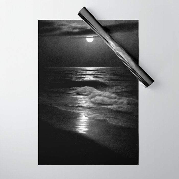 The summer sea moonlit coastal beach and waves with full moon black and white seascape photograph / photography by Rudolf Eickemeyer Jr. Wrapping Paper Gallery Image 1