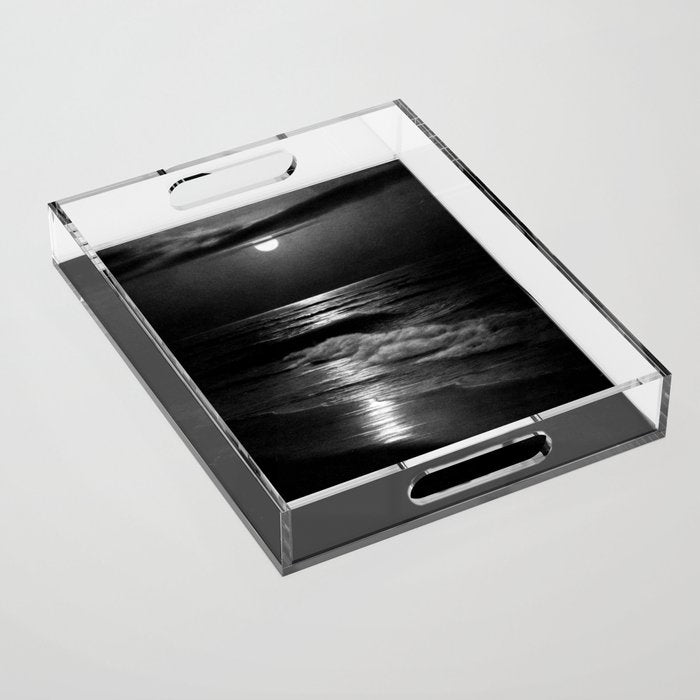 The summer sea moonlit coastal beach and waves with full moon black and white seascape photograph / photography by Rudolf Eickemeyer Jr. Acrylic Tray Gallery Image 1