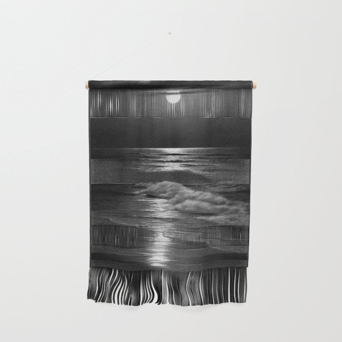 The summer sea moonlit coastal beach and waves with full moon black and white seascape photograph / photography by Rudolf Eickemeyer Jr. Wall Hanging Gallery Image 1