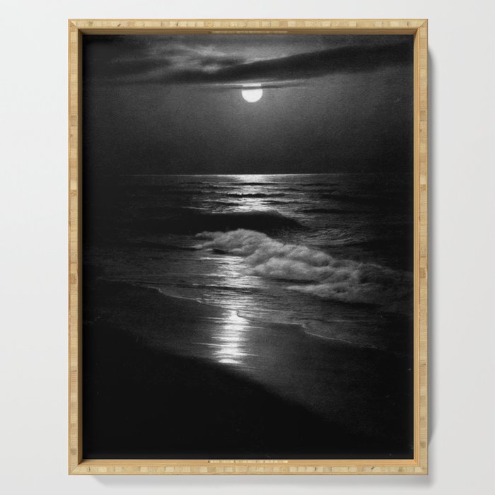 The summer sea moonlit coastal beach and waves with full moon black and white seascape photograph / photography by Rudolf Eickemeyer Jr. Serving Tray Gallery Image 1