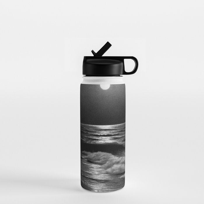 The summer sea moonlit coastal beach and waves with full moon black and white seascape photograph / photography by Rudolf Eickemeyer Jr. Water Bottle Gallery Image 1