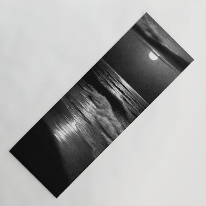 The summer sea moonlit coastal beach and waves with full moon black and white seascape photograph / photography by Rudolf Eickemeyer Jr. Yoga Mat Gallery Image 1