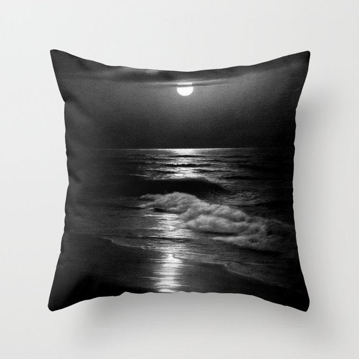 The summer sea moonlit coastal beach and waves with full moon black and white seascape photograph / photography by Rudolf Eickemeyer Jr. Throw Pillow Gallery Image 6