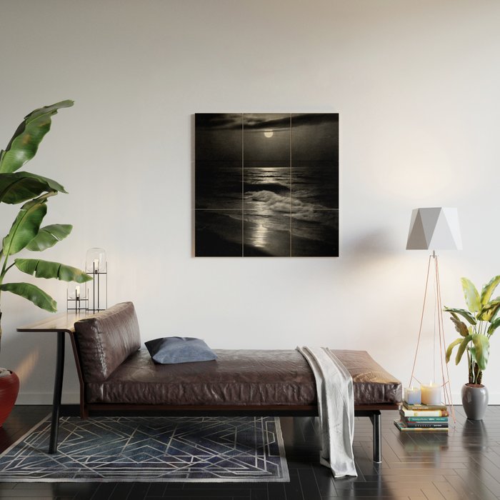 The summer sea moonlit coastal beach and waves with full moon black and white seascape photograph / photography by Rudolf Eickemeyer Jr. Wood Wall Art Gallery Image 2