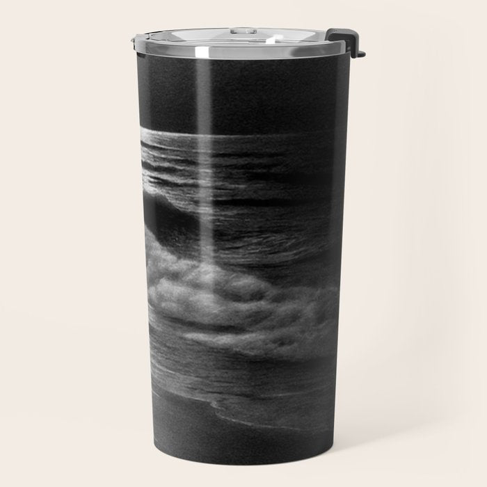 The summer sea moonlit coastal beach and waves with full moon black and white seascape photograph / photography by Rudolf Eickemeyer Jr. Travel Mug Gallery Image 2