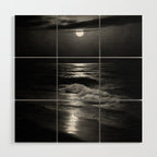 The summer sea moonlit coastal beach and waves with full moon black and white seascape photograph / photography by Rudolf Eickemeyer Jr. Wood Wall Art Gallery Image 1