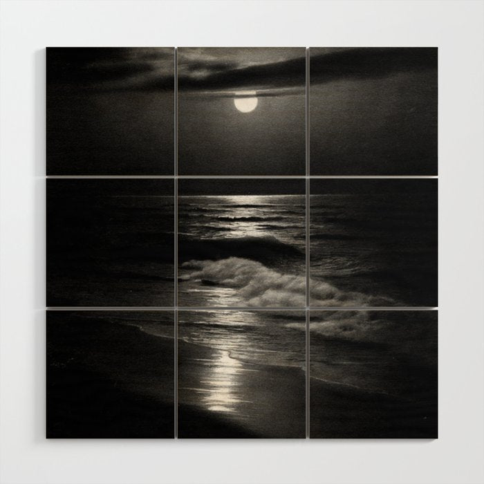 The summer sea moonlit coastal beach and waves with full moon black and white seascape photograph / photography by Rudolf Eickemeyer Jr. Wood Wall Art Gallery Image 1