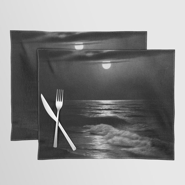 The summer sea moonlit coastal beach and waves with full moon black and white seascape photograph / photography by Rudolf Eickemeyer Jr. Placemat Gallery Image 1