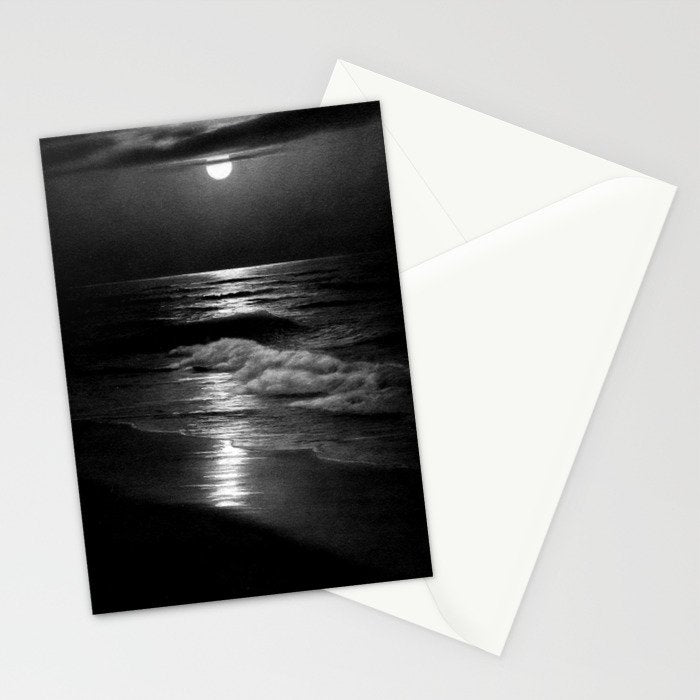 The summer sea moonlit coastal beach and waves with full moon black and white seascape photograph / photography by Rudolf Eickemeyer Jr. Stationery Card Gallery Image 2