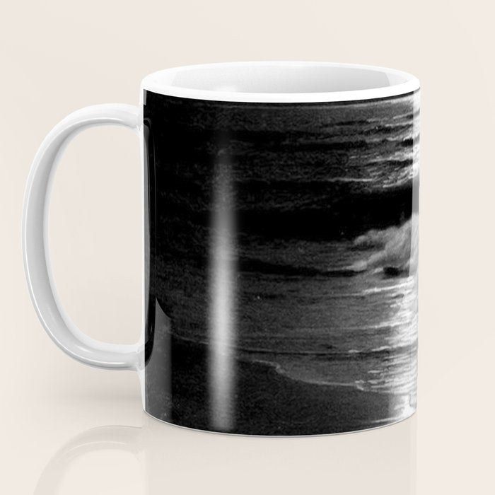 The summer sea moonlit coastal beach and waves with full moon black and white seascape photograph / photography by Rudolf Eickemeyer Jr. Coffee Mug Gallery Image 3
