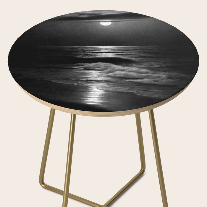 The summer sea moonlit coastal beach and waves with full moon black and white seascape photograph / photography by Rudolf Eickemeyer Jr. Side Table Gallery Image 2