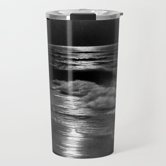 The summer sea moonlit coastal beach and waves with full moon black and white seascape photograph / photography by Rudolf Eickemeyer Jr. Travel Mug Gallery Image 1