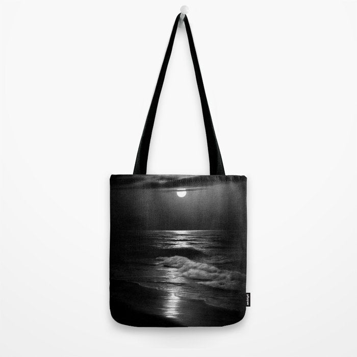 The summer sea moonlit coastal beach and waves with full moon black and white seascape photograph / photography by Rudolf Eickemeyer Jr. Tote Bag Gallery Image 2