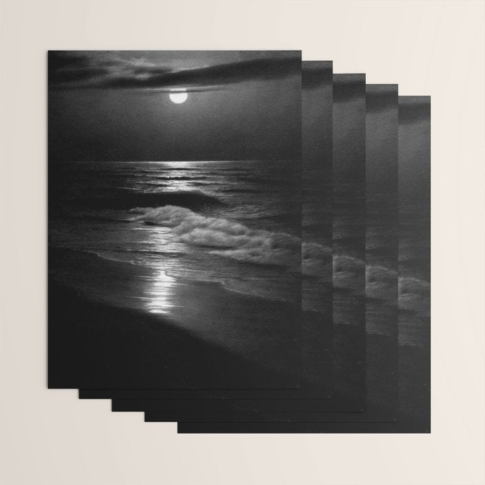 The summer sea moonlit coastal beach and waves with full moon black and white seascape photograph / photography by Rudolf Eickemeyer Jr. Wrapping Paper Gallery Image 3