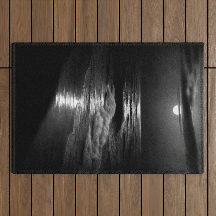 The summer sea moonlit coastal beach and waves with full moon black and white seascape photograph / photography by Rudolf Eickemeyer Jr. Outdoor Rug Gallery Image 1
