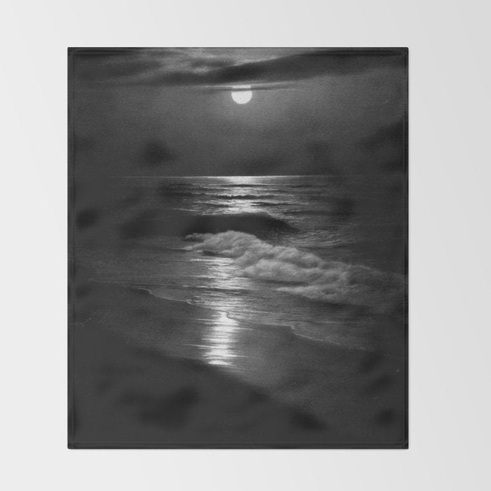 The summer sea moonlit coastal beach and waves with full moon black and white seascape photograph / photography by Rudolf Eickemeyer Jr. Throw Blanket Gallery Image 2