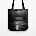 The summer sea moonlit coastal beach and waves with full moon black and white seascape photograph / photography by Rudolf Eickemeyer Jr. Tote Bag Gallery Image 1