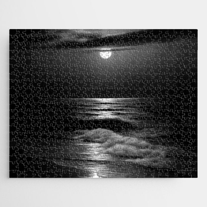 The summer sea moonlit coastal beach and waves with full moon black and white seascape photograph / photography by Rudolf Eickemeyer Jr. Jigsaw Puzzle Gallery Image 1