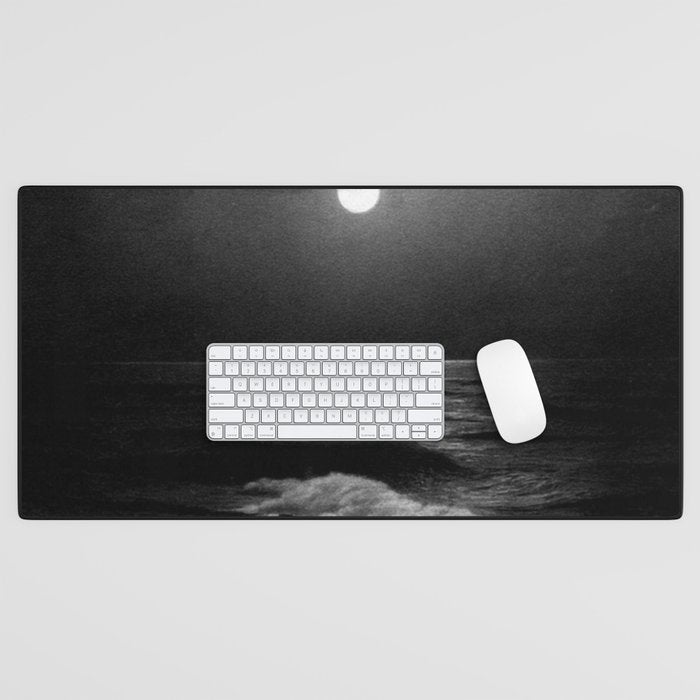 The summer sea moonlit coastal beach and waves with full moon black and white seascape photograph / photography by Rudolf Eickemeyer Jr. Desk Mat Gallery Image 1