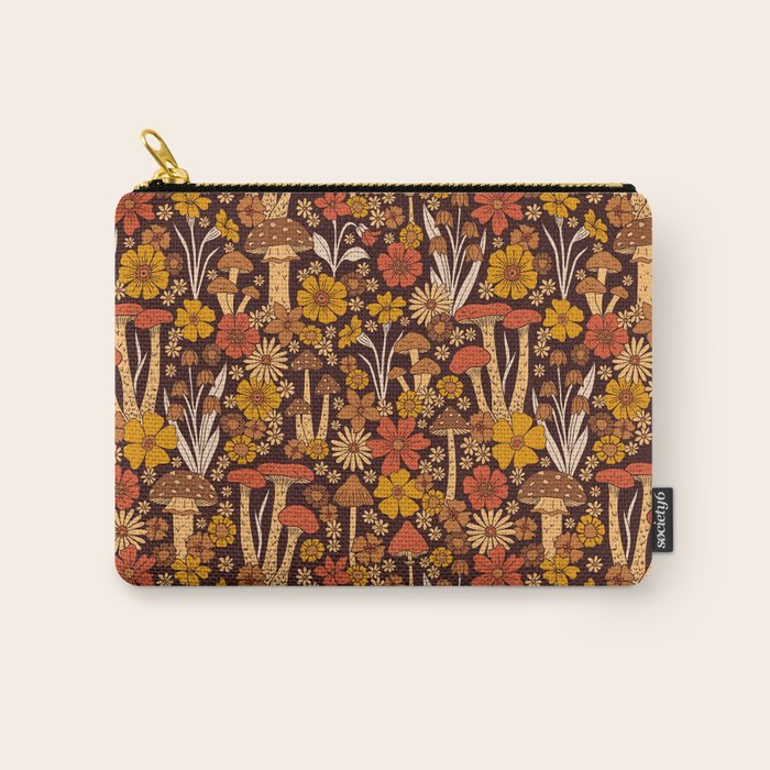 Retro 1970s Brown & Orange Mushrooms & Flowers Carry All Pouch Gallery Image 1