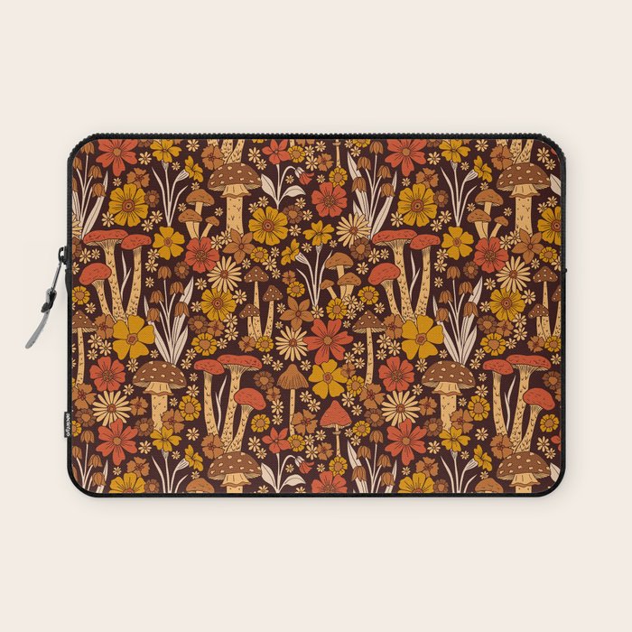 Retro 1970s Brown & Orange Mushrooms & Flowers Laptop Sleeve Gallery Image 1