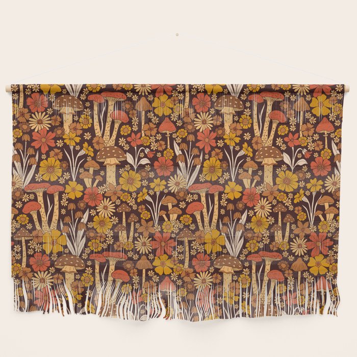 Retro 1970s Brown & Orange Mushrooms & Flowers Wall Hanging Gallery Image 1
