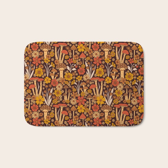 Retro 1970s Brown & Orange Mushrooms & Flowers Bath Mat Gallery Image 1
