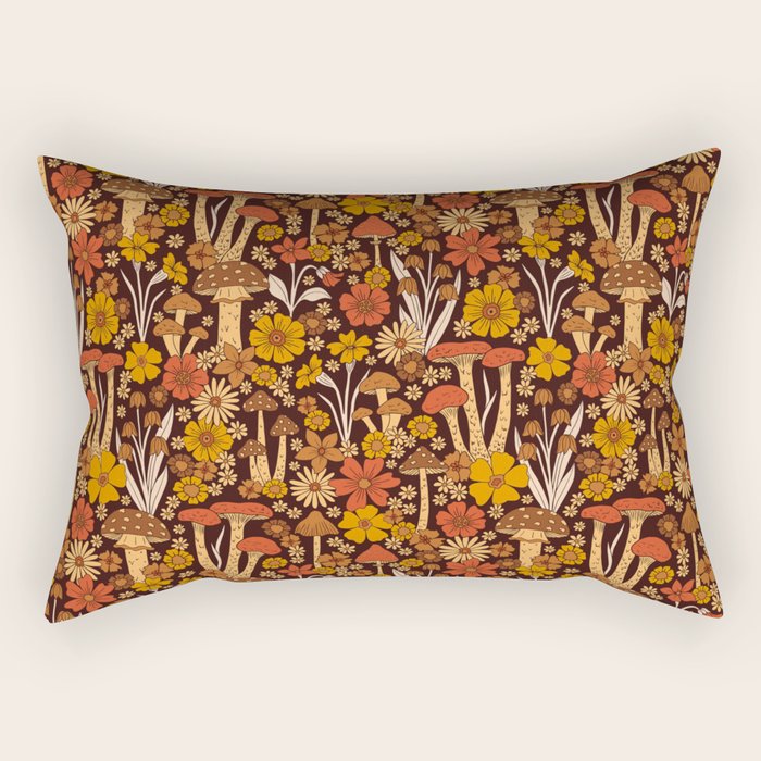 Retro 1970s Brown & Orange Mushrooms & Flowers Rectangular Pillow Gallery Image 2