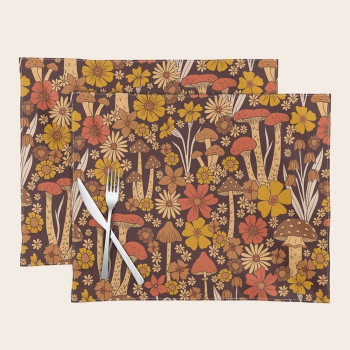 Retro 1970s Brown & Orange Mushrooms & Flowers Placemat Gallery Image 1
